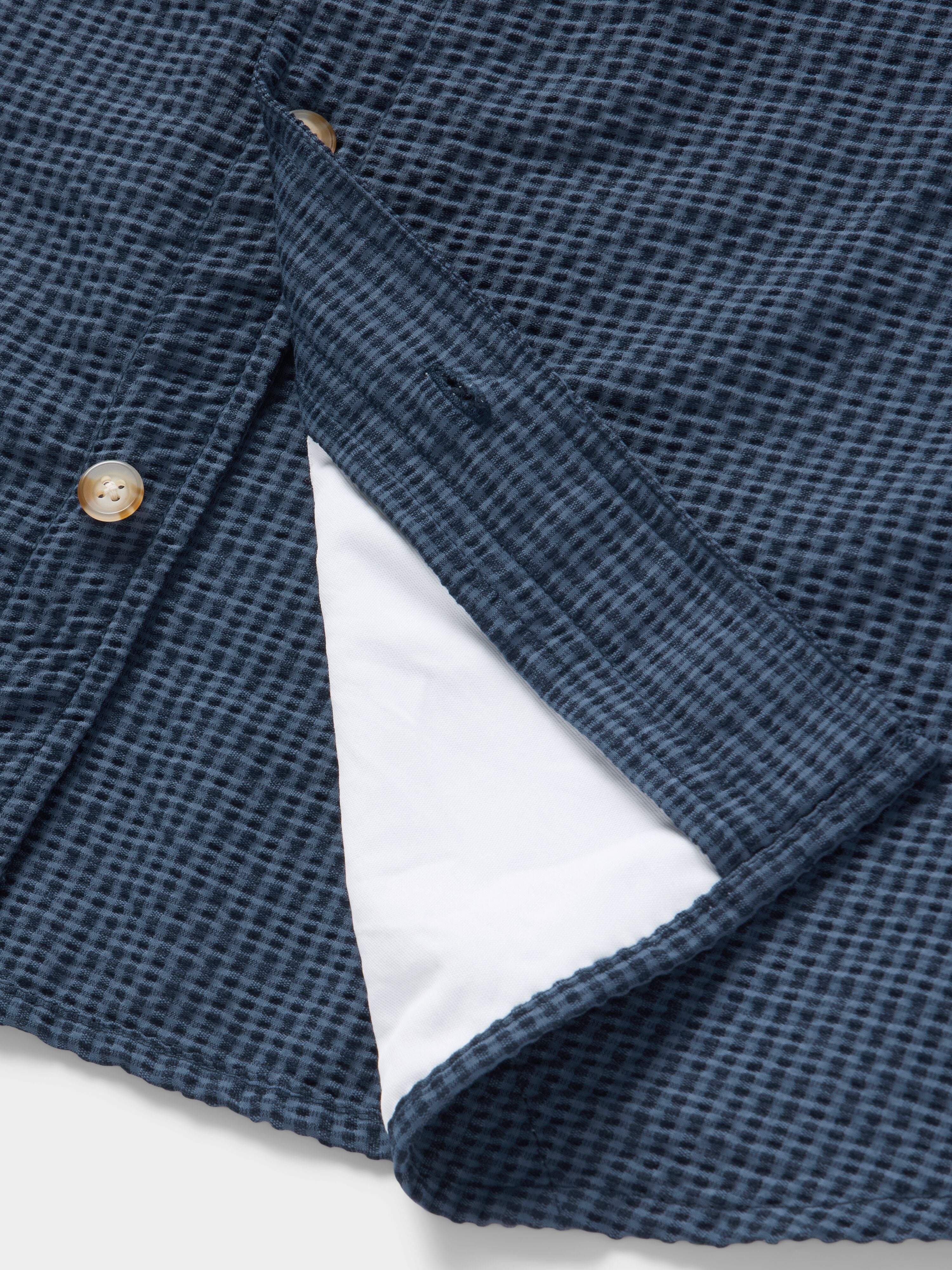 【BLUE】Seersucker shirt Men's Coastal Seersucker Shirt Short Sleeve - Navy Blue