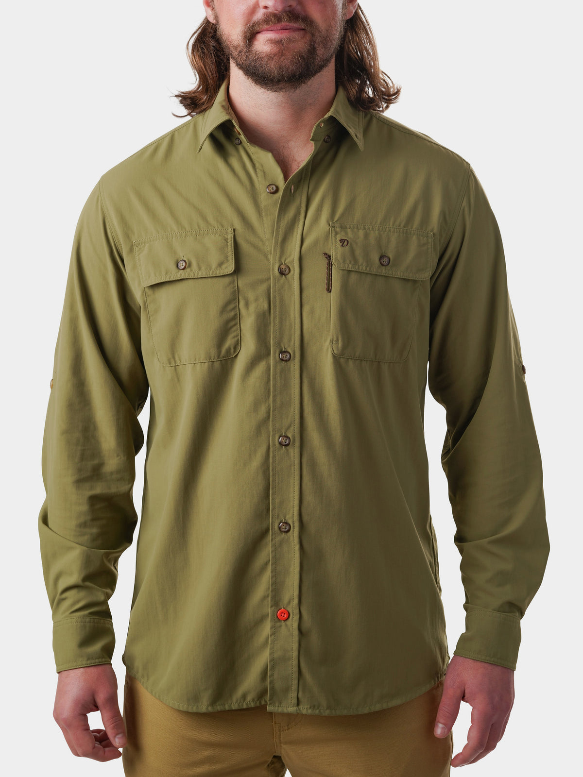 Field & Stream Men's L Vented Fishing Shirt Roll Tab Long Sleeve Army Green